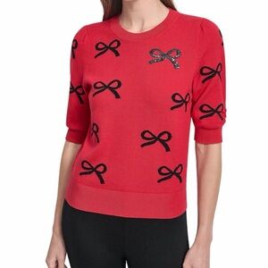 Red DKNY short sleeve Sweater with Black Bow Accents